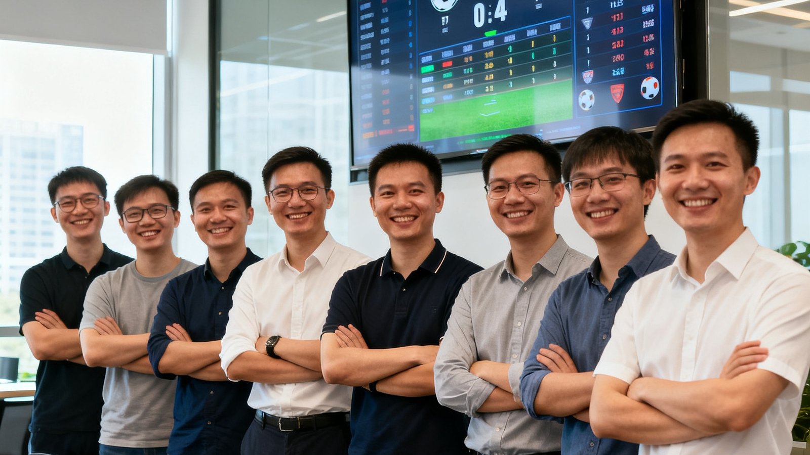 看球通团队在深圳科技园办公室合影，背景大屏显示实时足球比分与数据看板，团队成员笑容自信
